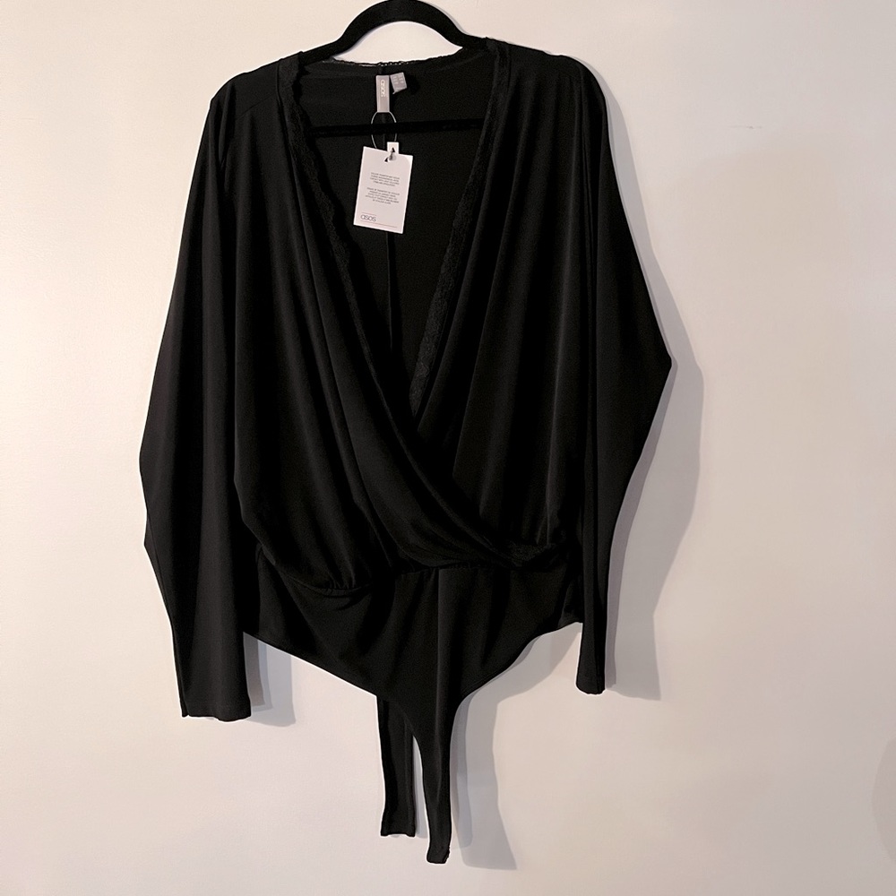 ASOS black faux wrap body suit with lace detailing size 20
